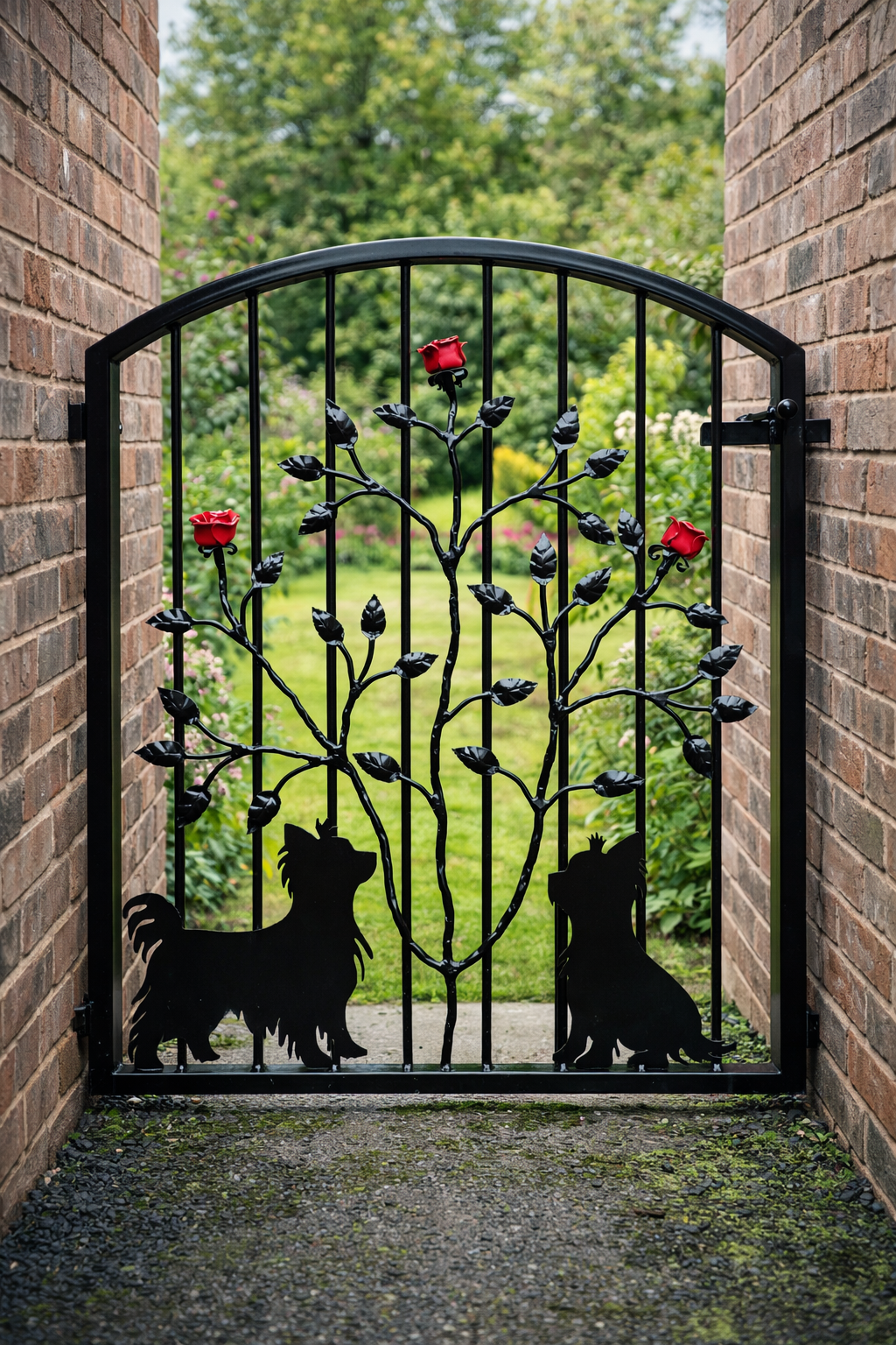 Hand Forged Wrought Iron Garden Gate - Yorkshire Terrier & Roses Design. 35