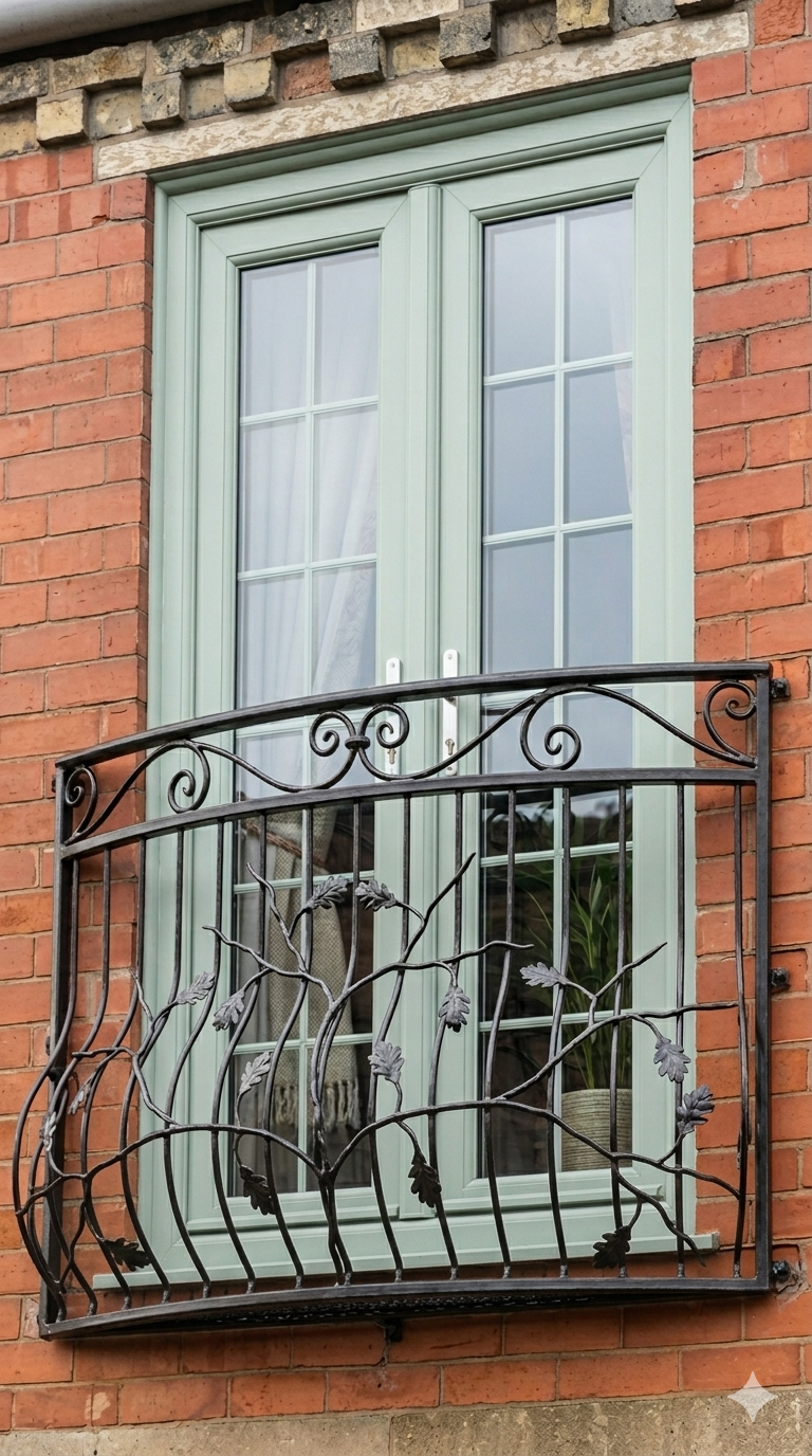 Bespoke Wrought Iron Juliet Balcony with Mesh Floor - Oak Leaf Design. 30