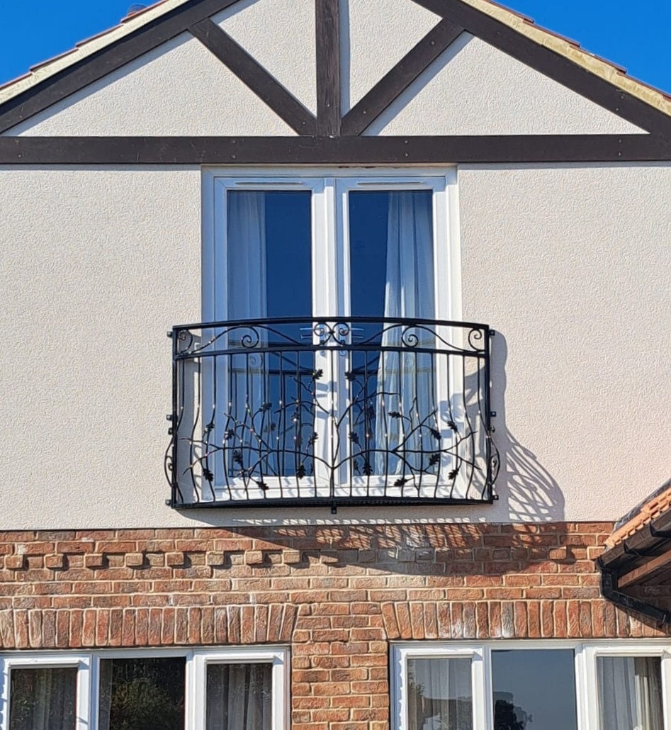 Bespoke Wrought Iron Juliet Balcony with Mesh Floor - Oak Leaf Design. 30