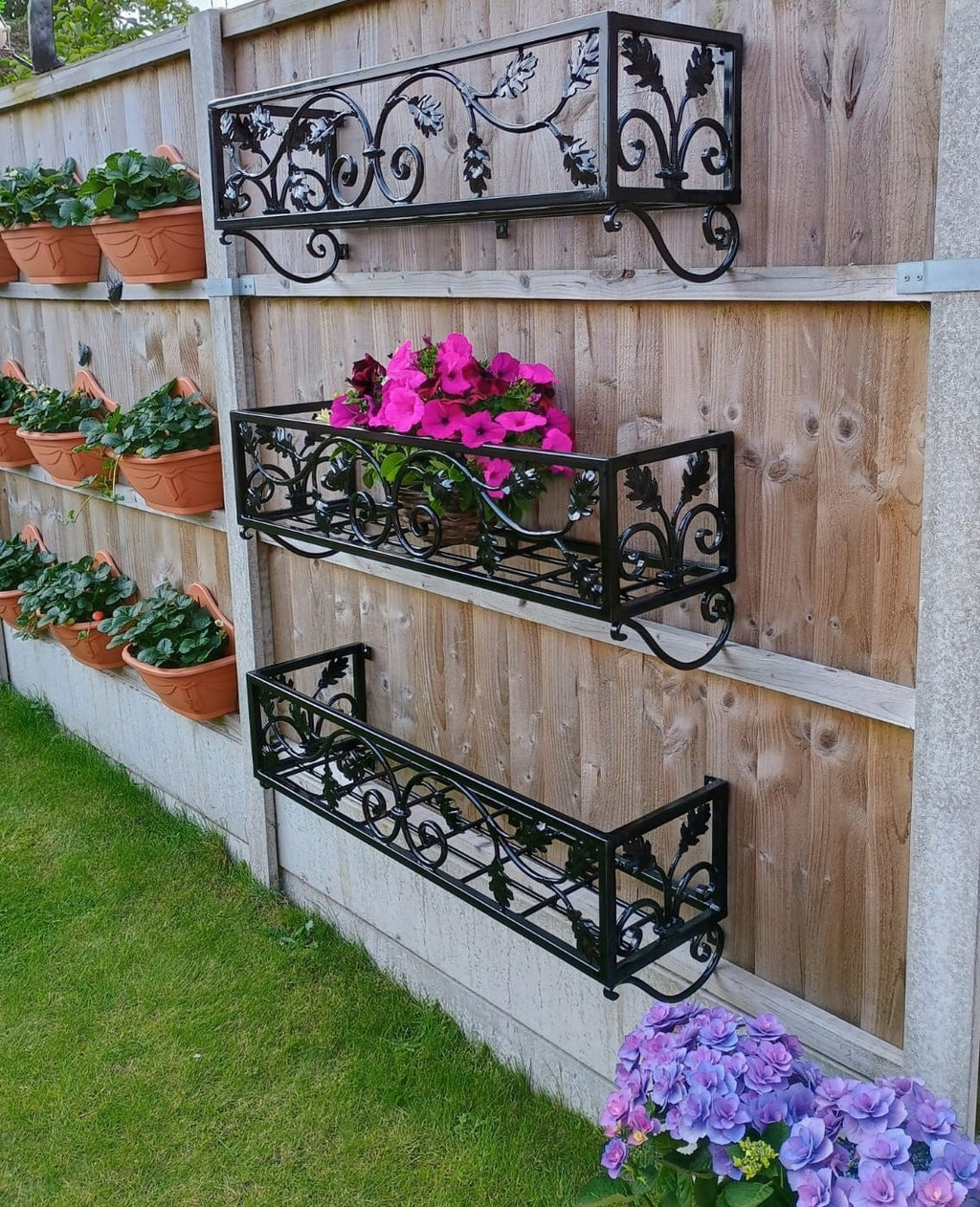 Hand Forged Metal Wall Planter Basket - Leaf Scroll Design. 39