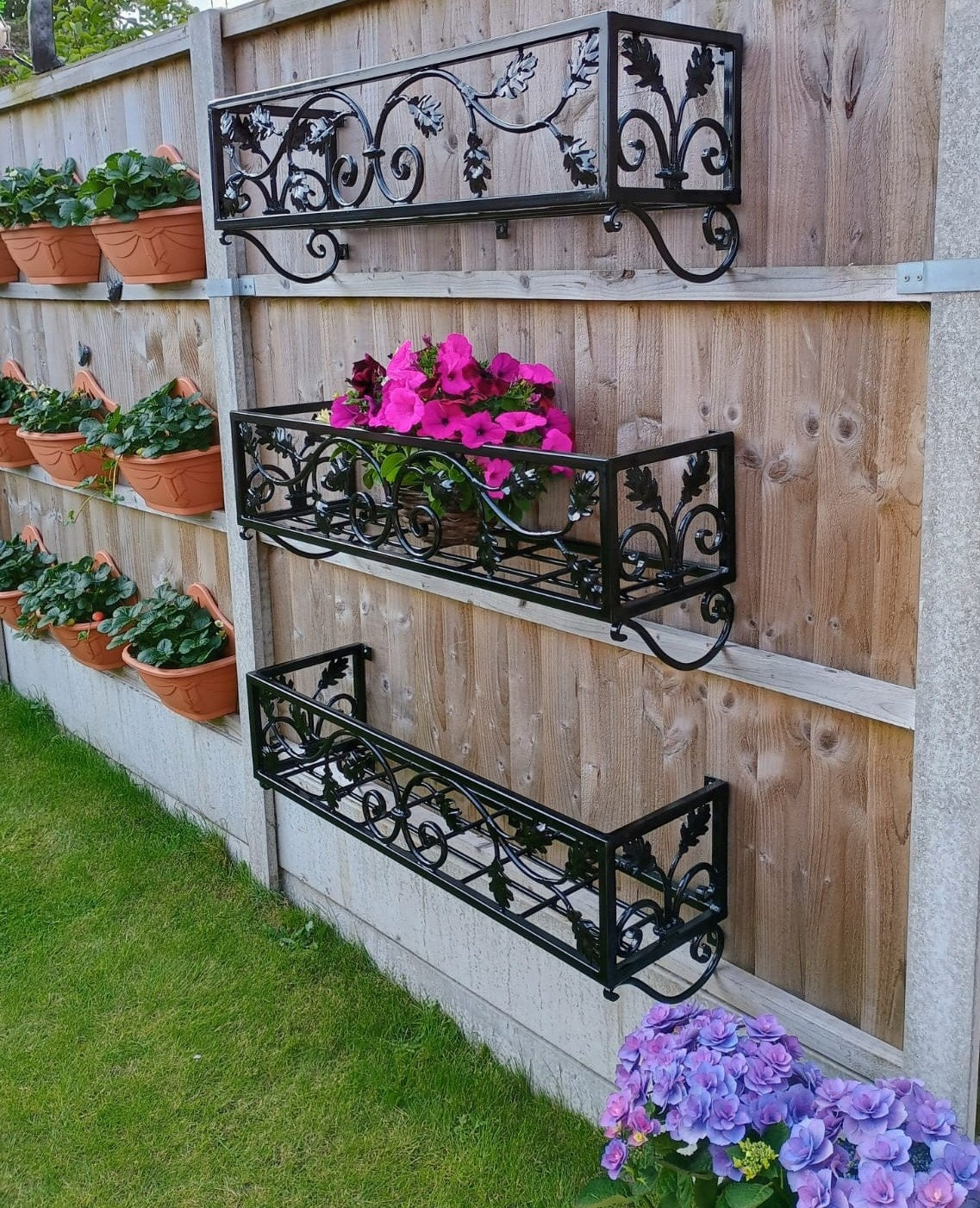 Hand Forged Metal Wall Planter Basket - Leaf Scroll Design. 39