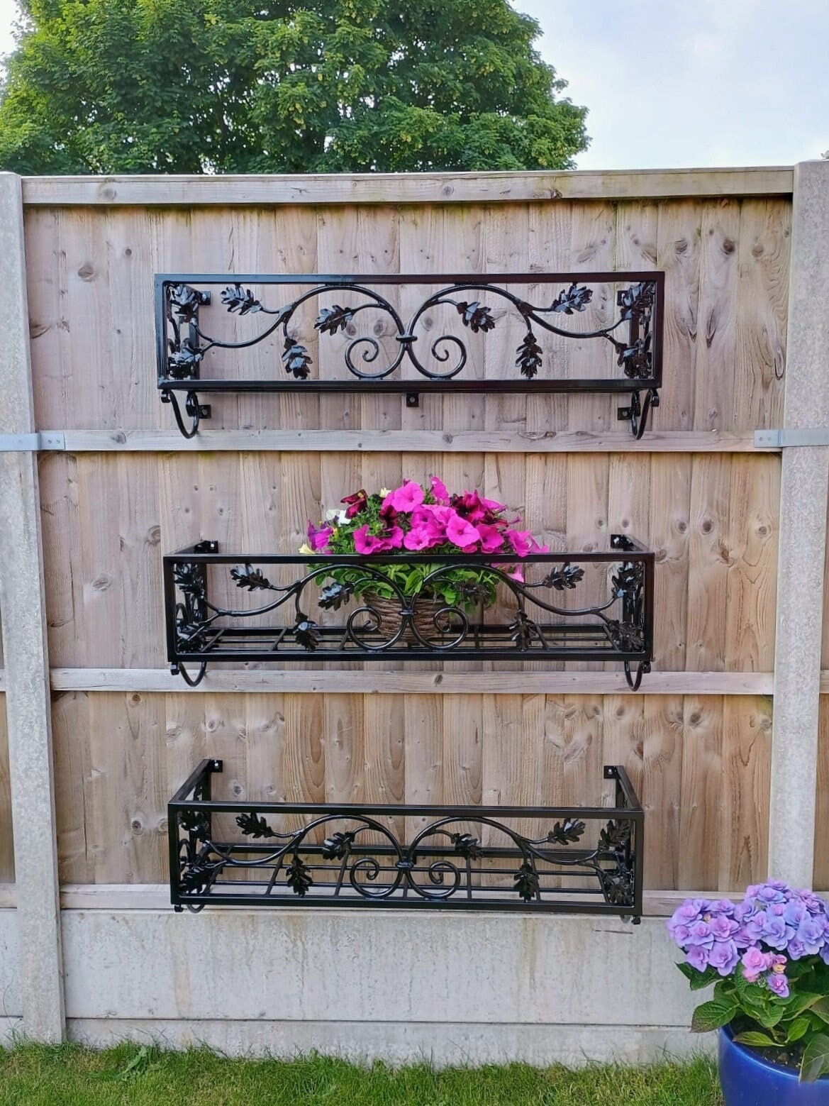 Hand Forged Metal Wall Planter Basket - Leaf Scroll Design. 39