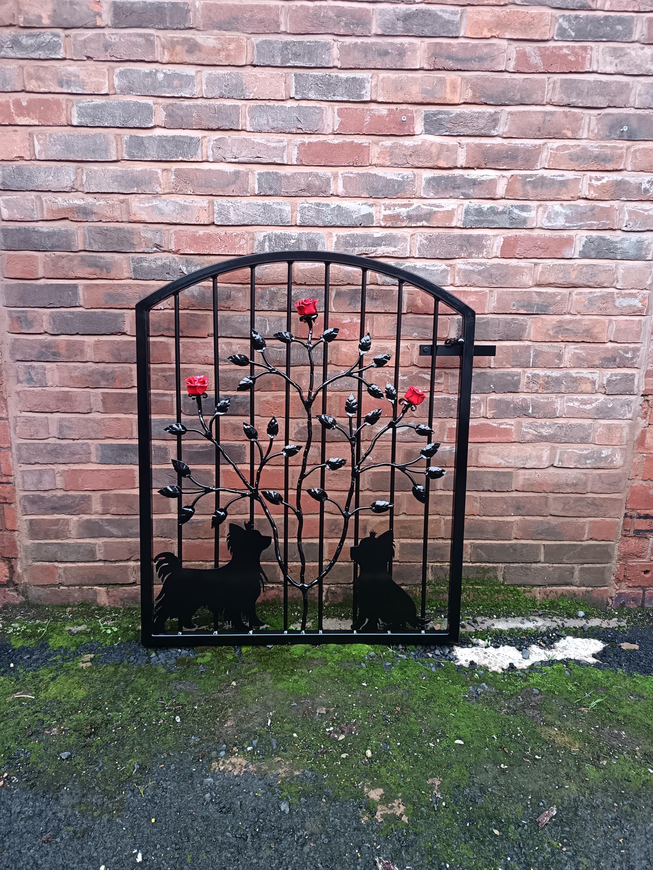 Hand Forged Wrought Iron Garden Gate - Yorkshire Terrier & Roses Design. 35