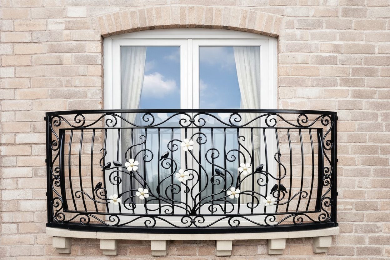 Bespoke Hand Forged Iron Juliet balcony - Elegant Scrollwork & Birds Design. 17