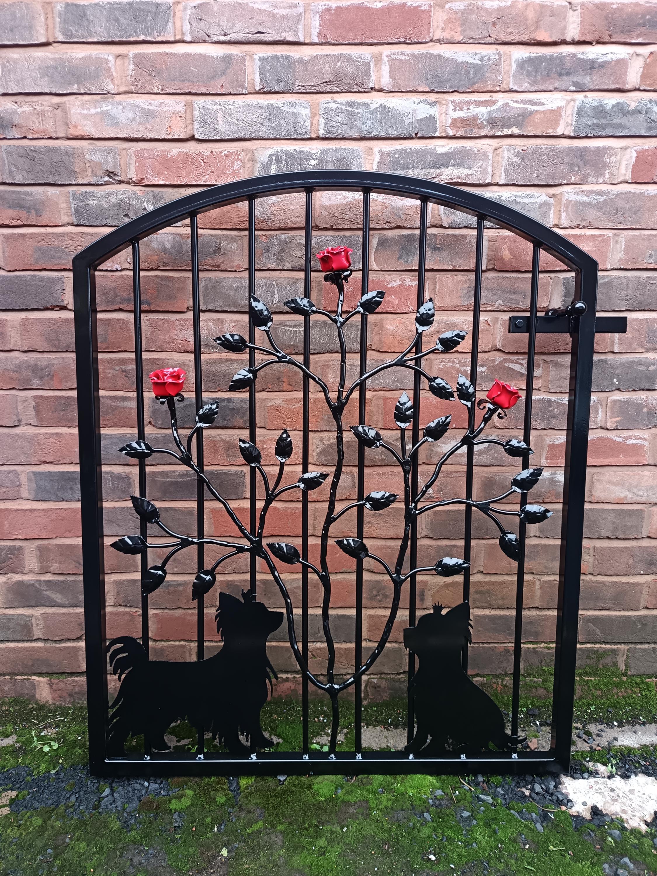 Hand Forged Wrought Iron Garden Gate - Yorkshire Terrier & Roses Design. 35