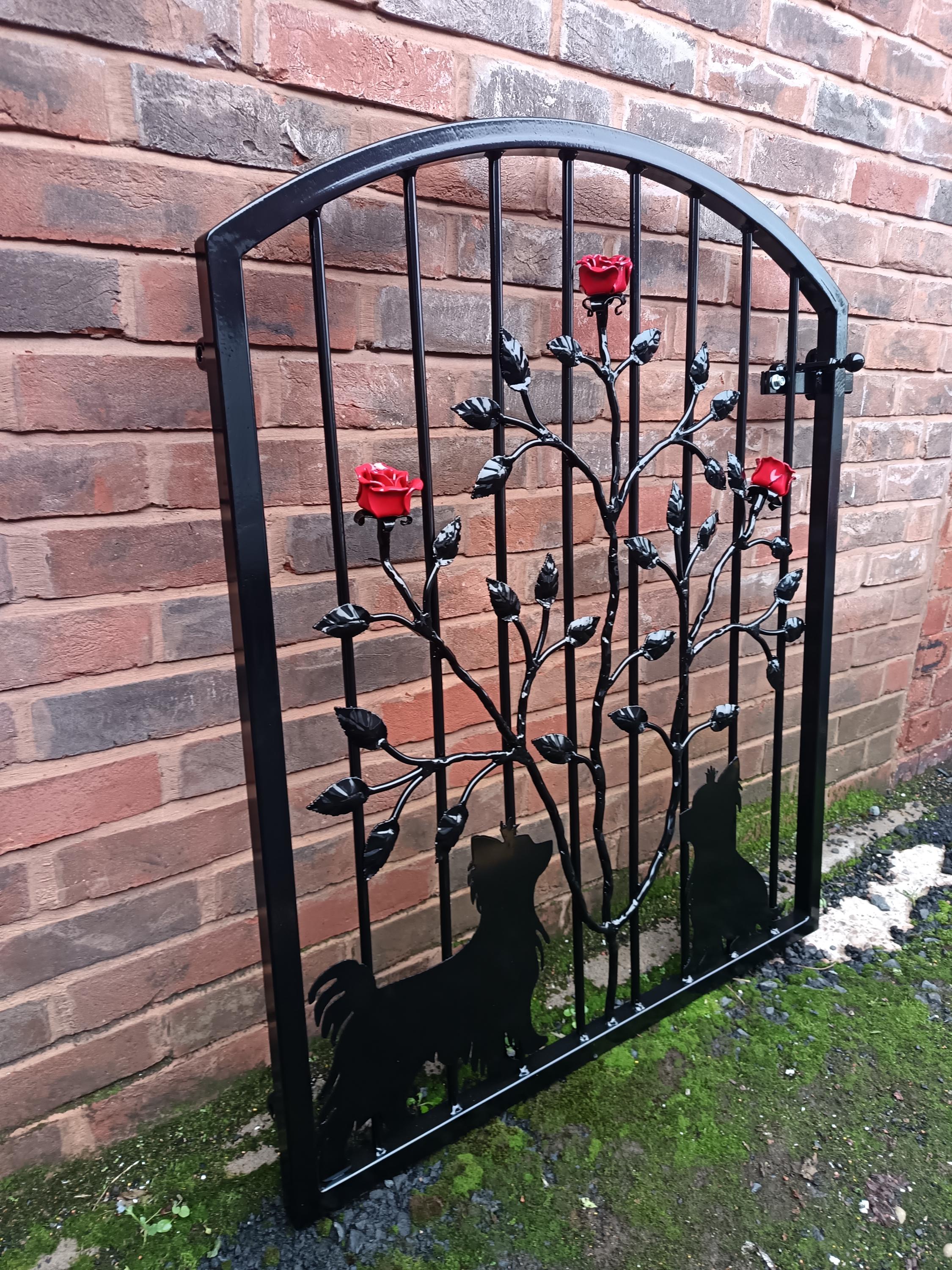 Hand Forged Wrought Iron Garden Gate - Yorkshire Terrier & Roses Design. 35