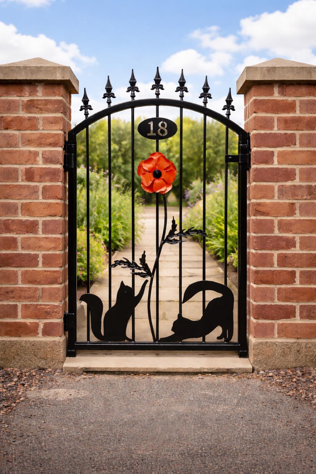 Bespoke Hand Forged Wrought Iron Garden Gate - Cats & Poppy Design. 29