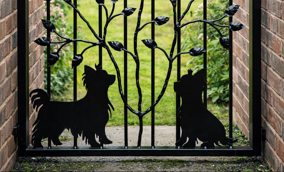 Hand Forged Wrought Iron Garden Gate - Yorkshire Terrier & Roses Design. 35